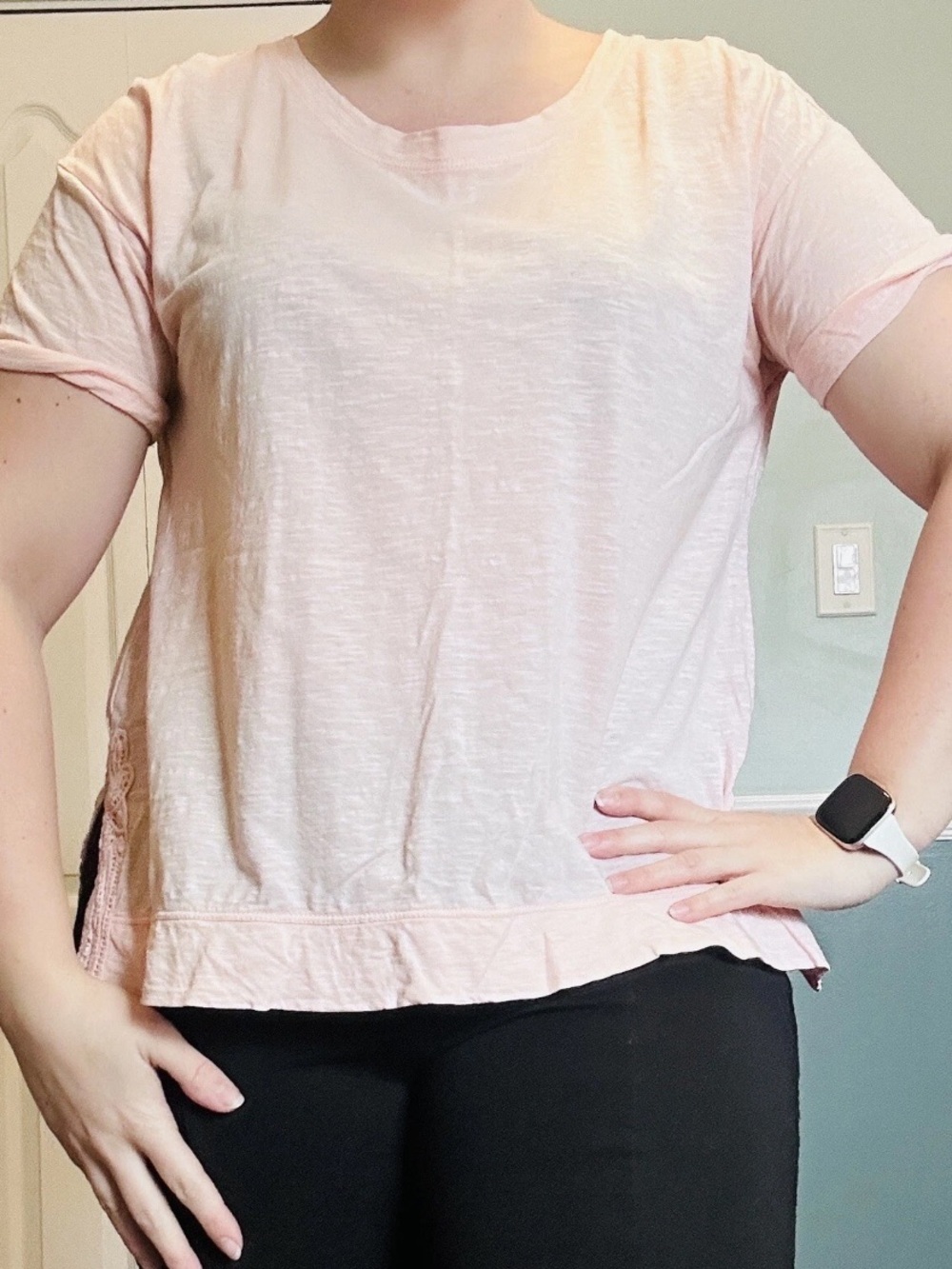 LOFT Peach Short Sleeve Scoop Neck Tee with Crochet Hem